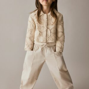 pantalon jogging fille en coton avec jambes barrel - Beige clair - ENFANT